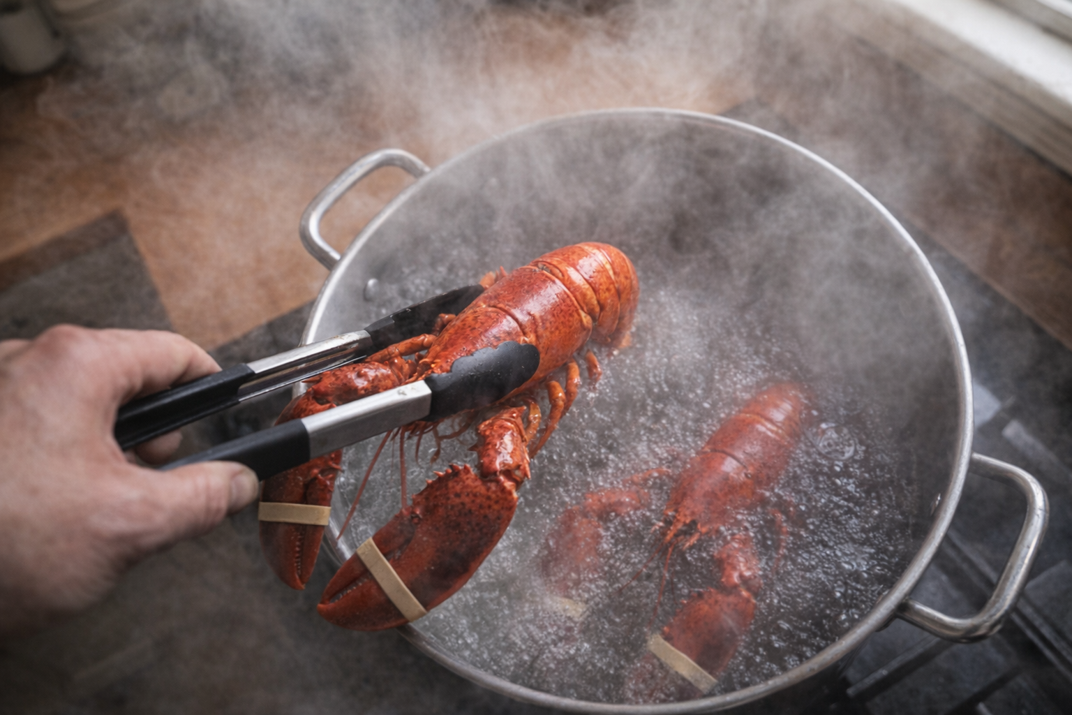 Lobsters being lowered into a large pot of boiling water, steam filling the air, tongs holding the lobster securely, shot from above